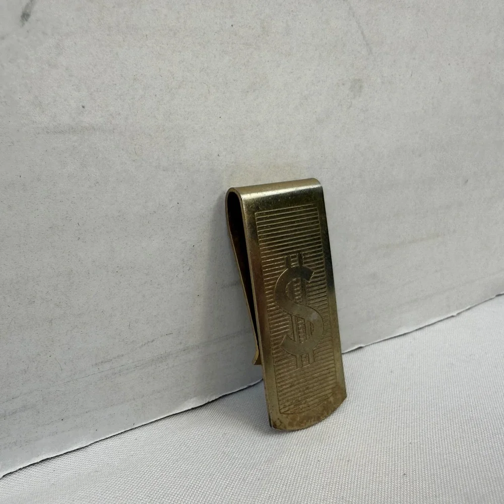 Vintage Gold Tone Dollar Sign Money Clip Ribbed Textured Men's Accessory